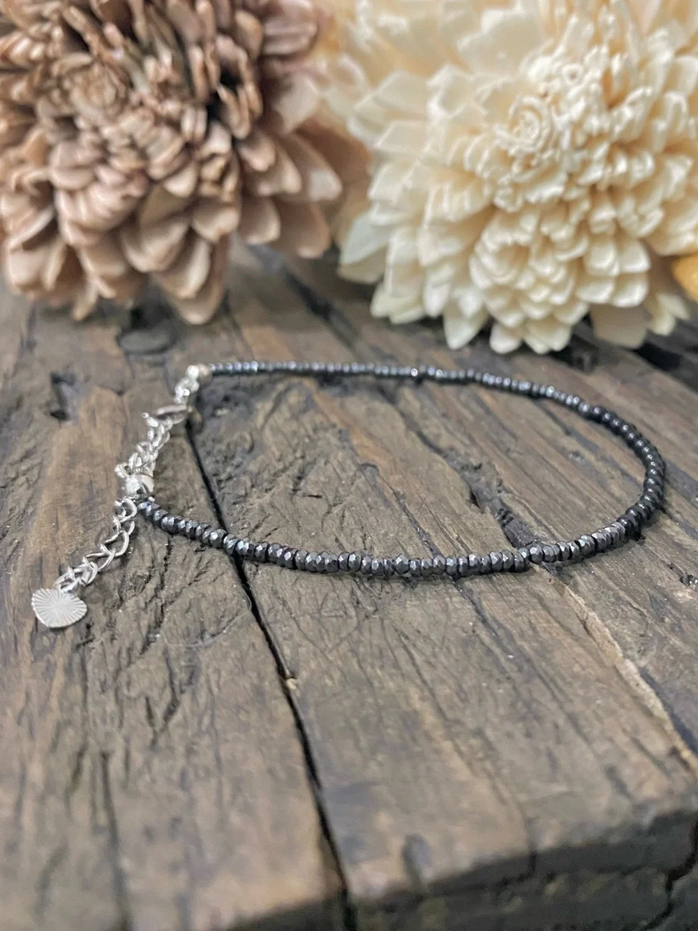 Dainty Chain Bracelet, Tiny Hematite & Onyx beads, 18k Gold Filled Chain